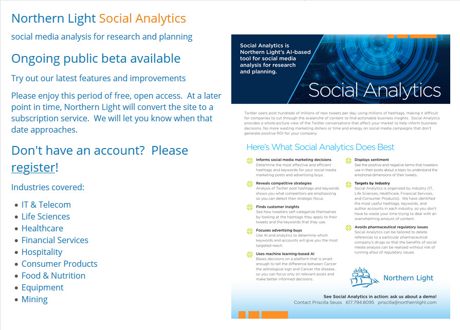 Northern Light Social Analytics home screen