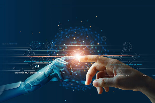 AI, Machine learning, Hands of robot and human touching on big data network connection background, Science and artificial intelligence technology, innovation and futuristic.